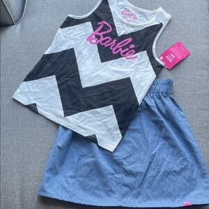 Barbie Pink Logo Black and White Chevron Tank Top and denim skirt